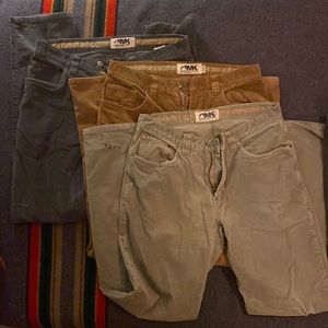 10 pants (patagonia, bonobos, mountain khakis). 8 great condition. 2 ok cond.